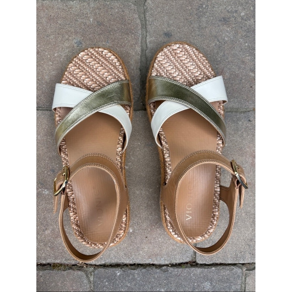 Vionic Women's Mar Wedge Sandal in Camel, Gold & Brown Leather.  EUC - Picture 12 of 16